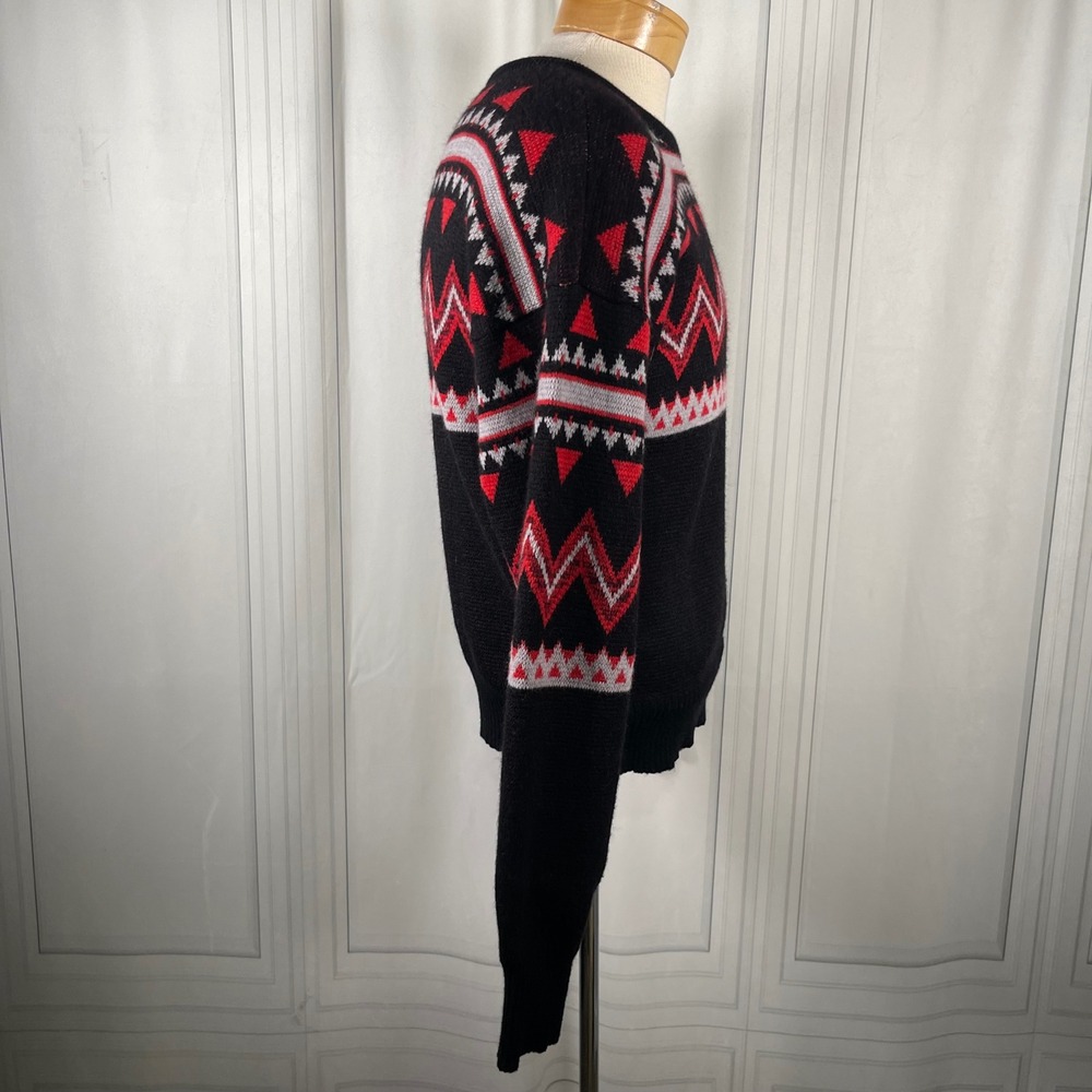 Vintage 80's PROFILE 100% Wool Sweater • Black Red Nordic Ski Geometric Knit • L - Picture 7 of 14
